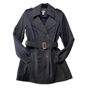 Cache Women Double Denim Trench Coat Belted Button-up Lined Pockets Size Small